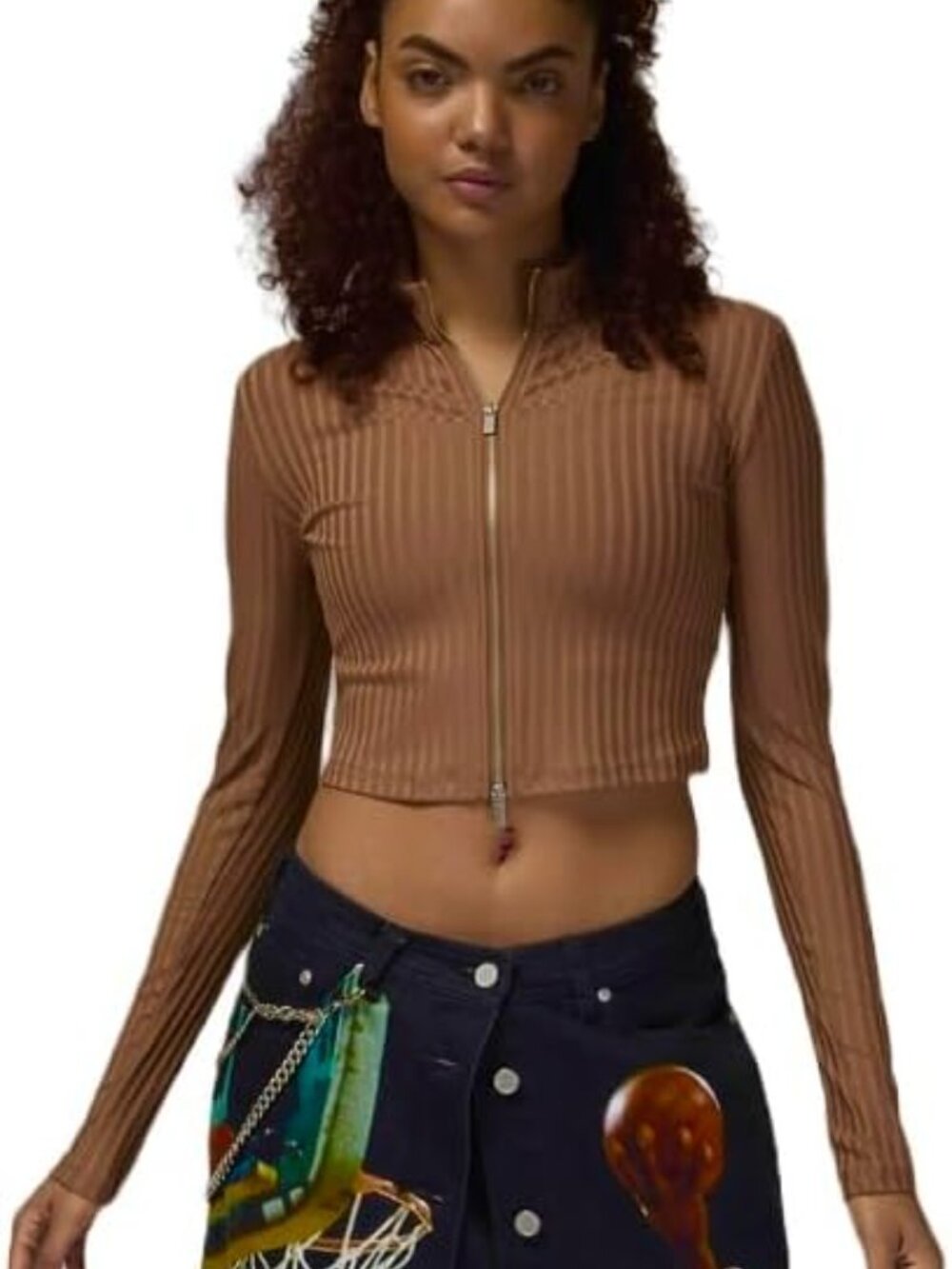 📌 Jordan Women's Long-Sleeve Cropped Full-Zip Top — Archaeo Brown, XL